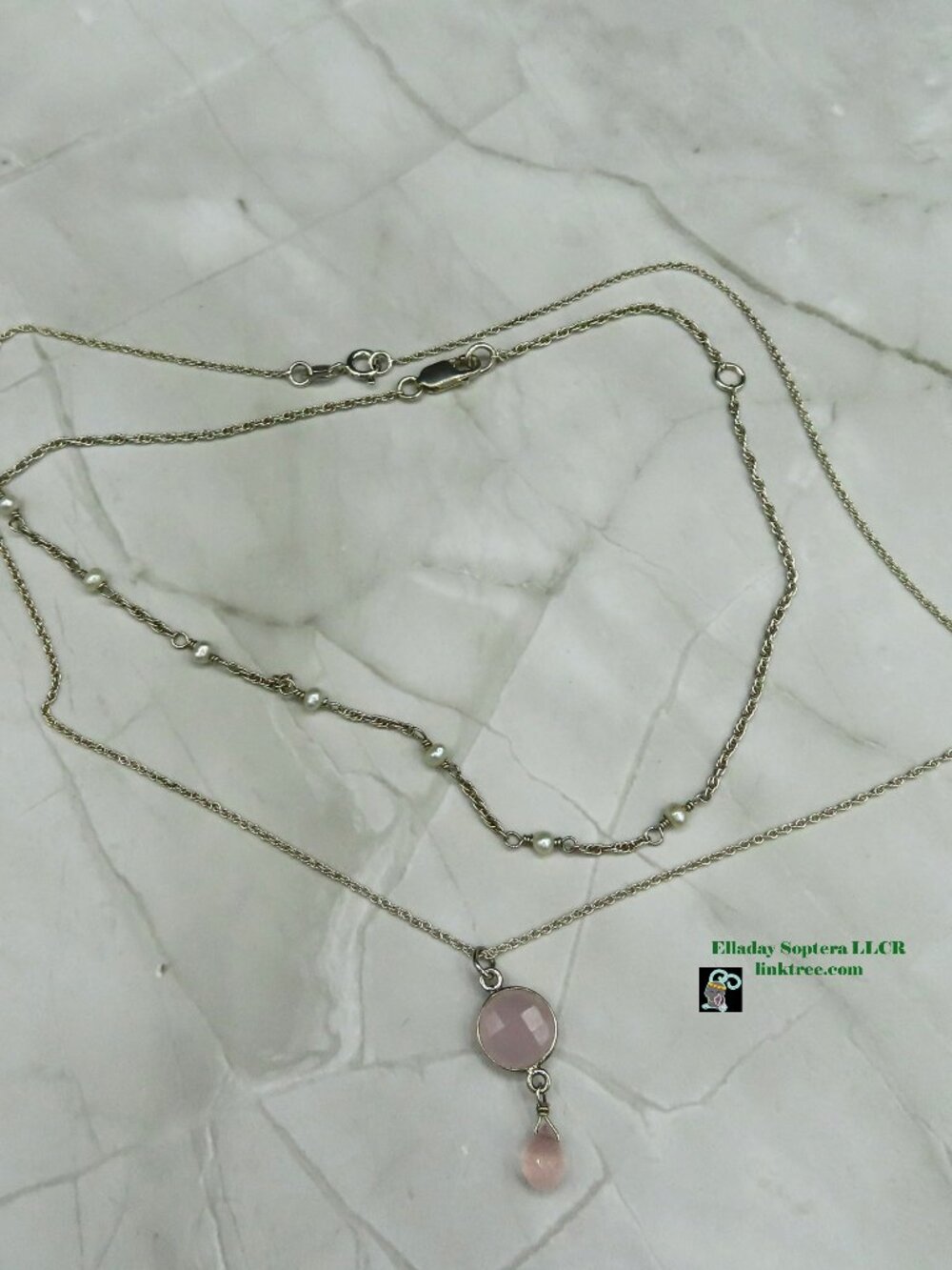 Two Sterling Silver Rope Necklaces with Rose Quartz & Freshwater Pearl